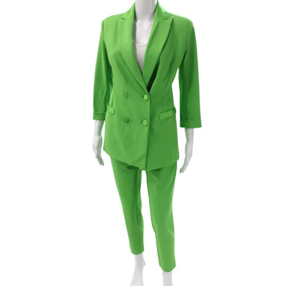 Imperial Women Pant Suit Green Polyester 3/4 Sleeve Button Business Size M